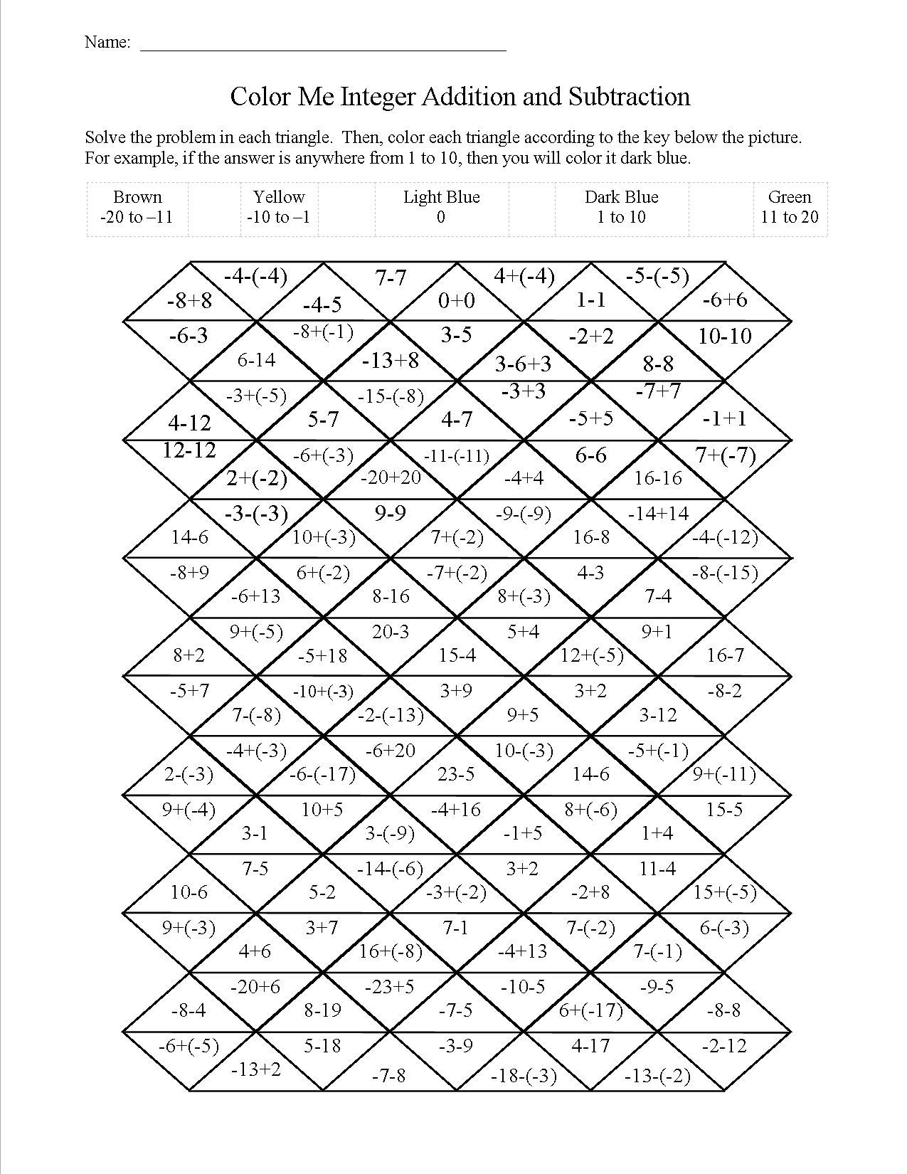 6th Grade Adding And Subtracting Integers Worksheet With Answers Pdf