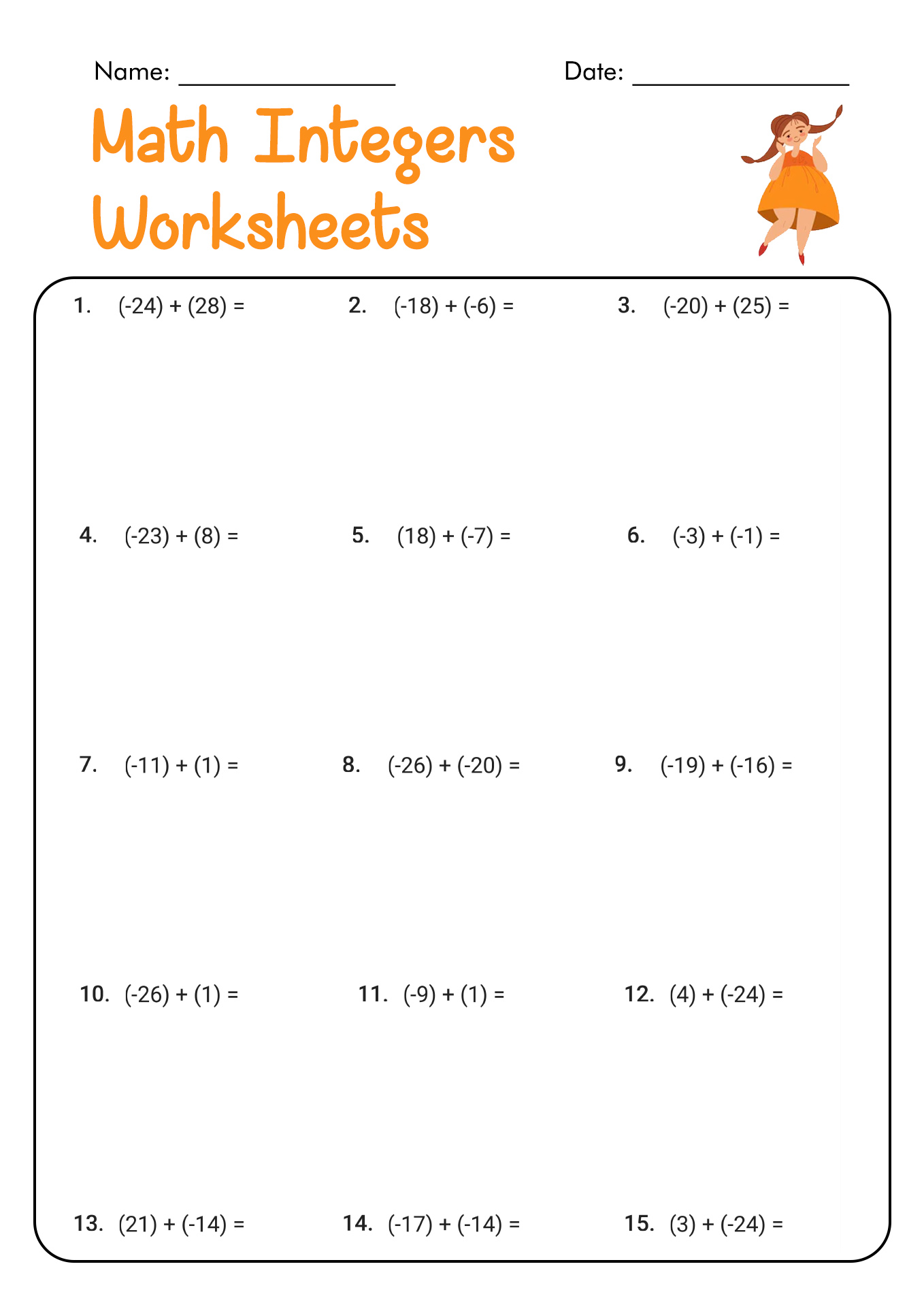 6th Grade Math Worksheet Integers