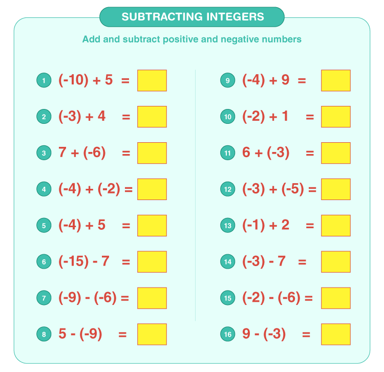 Adding And Subtracting Integers Worksheet Printable