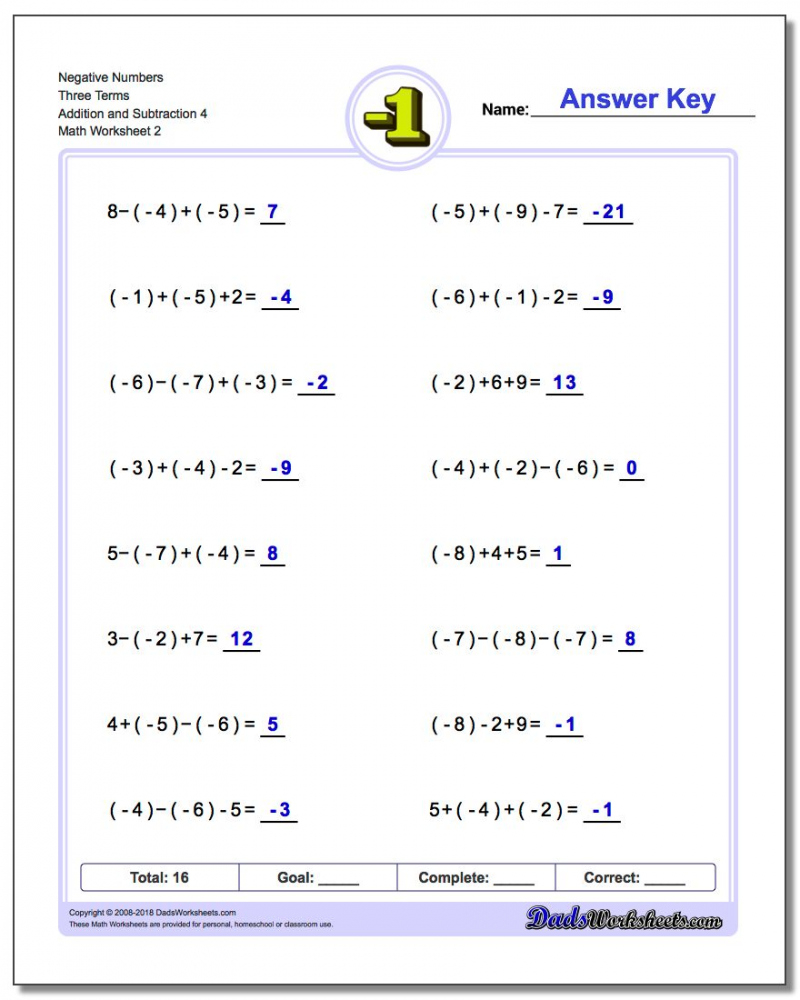 Addition Of Integers Worksheet Grade 7