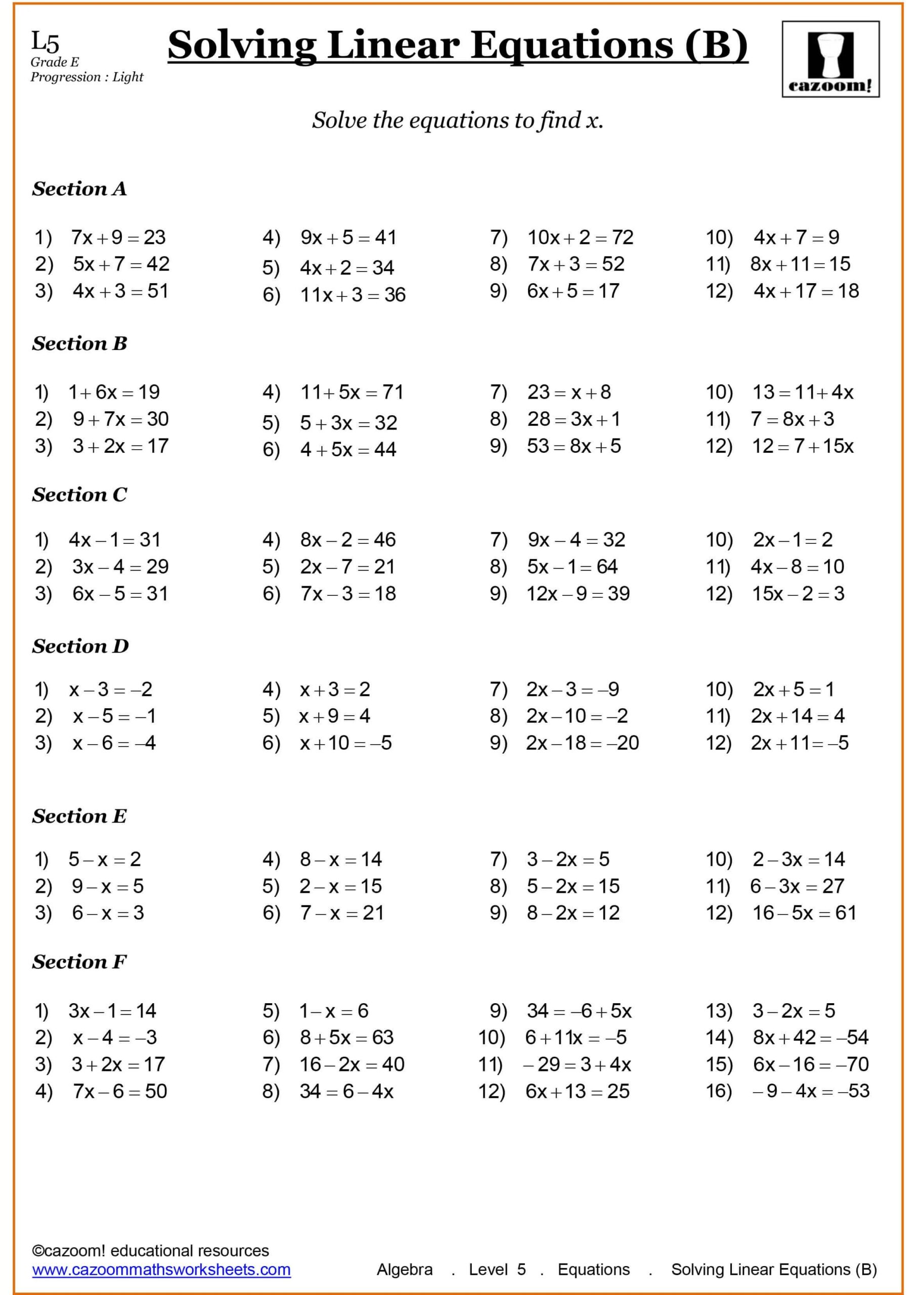 Algebra Math Worksheets With Answers