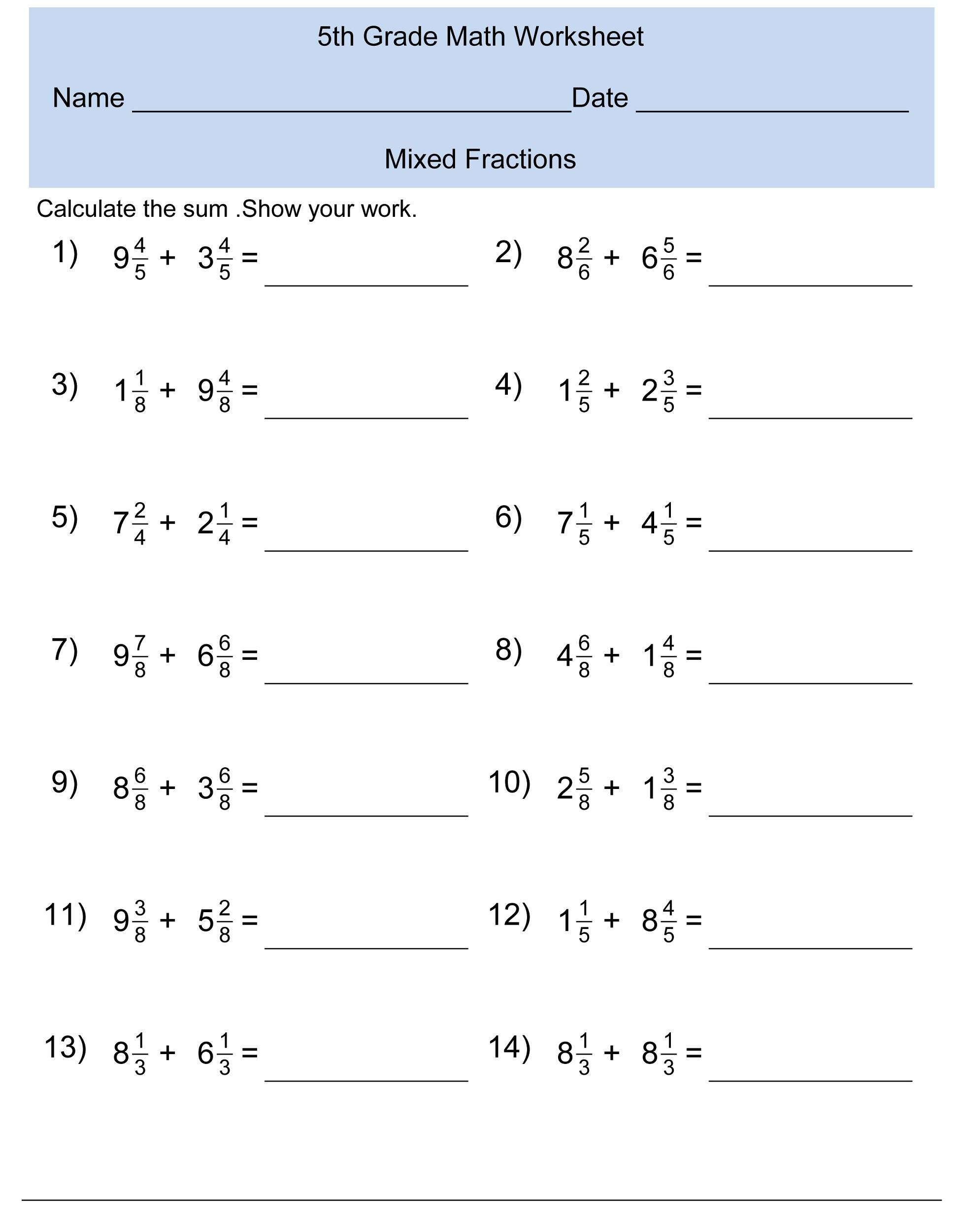 Class 5 Math Addition Worksheets