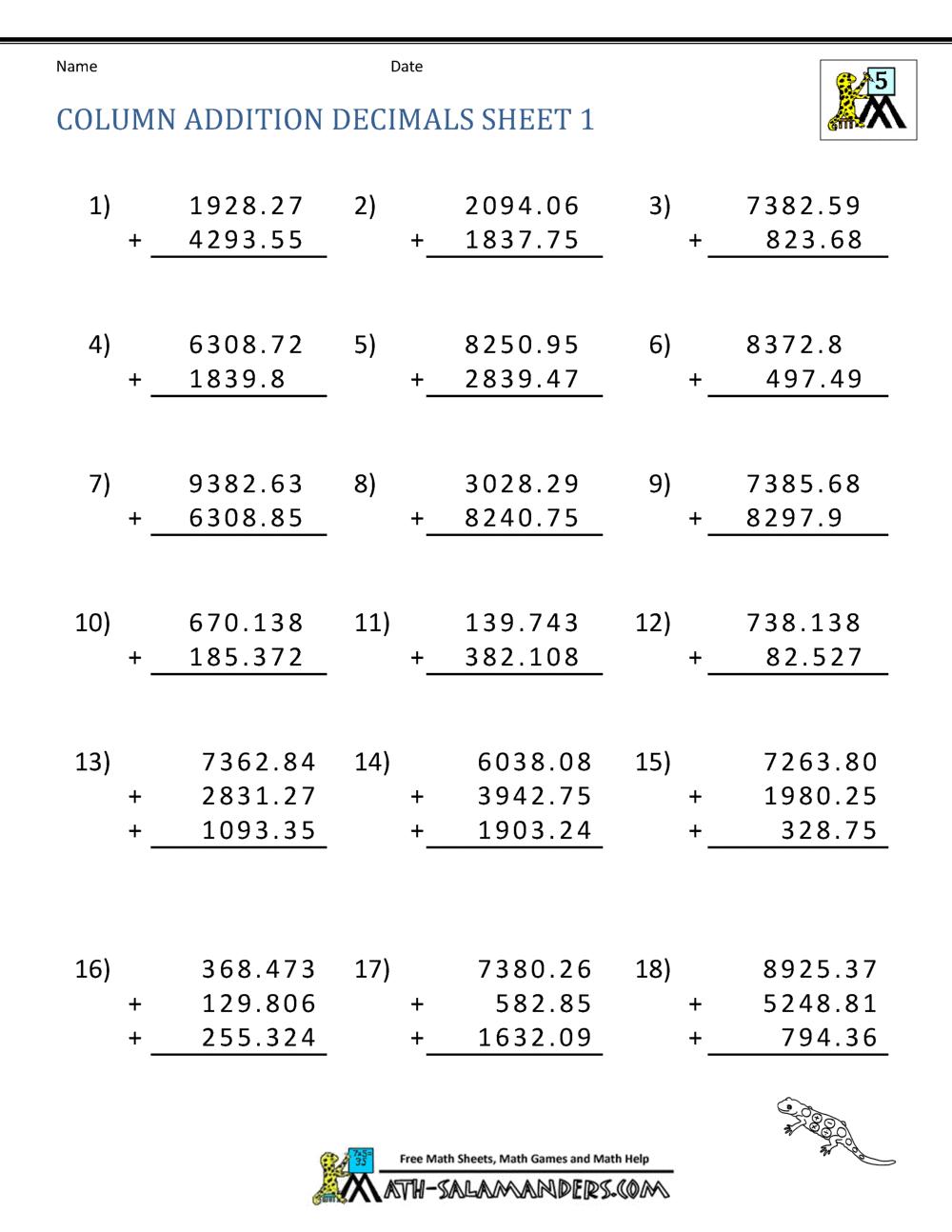 Free Printable Math Worksheets 5Th Grade Decimals