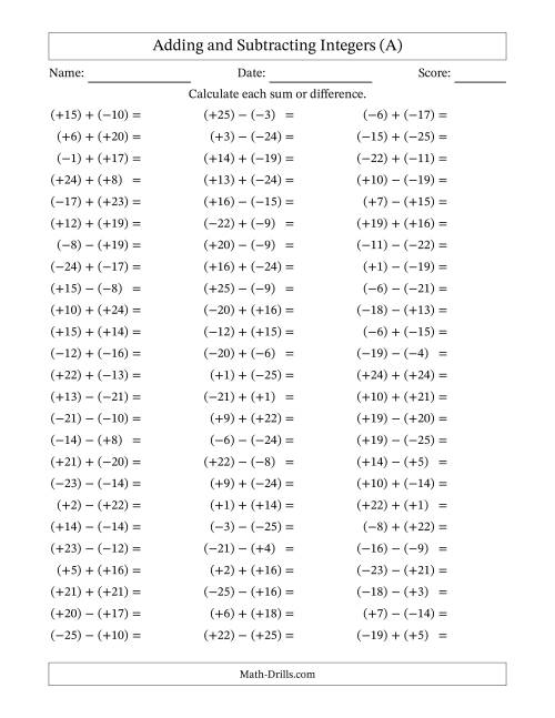 Integer Addition and Subtraction with Parentheses around all Integers