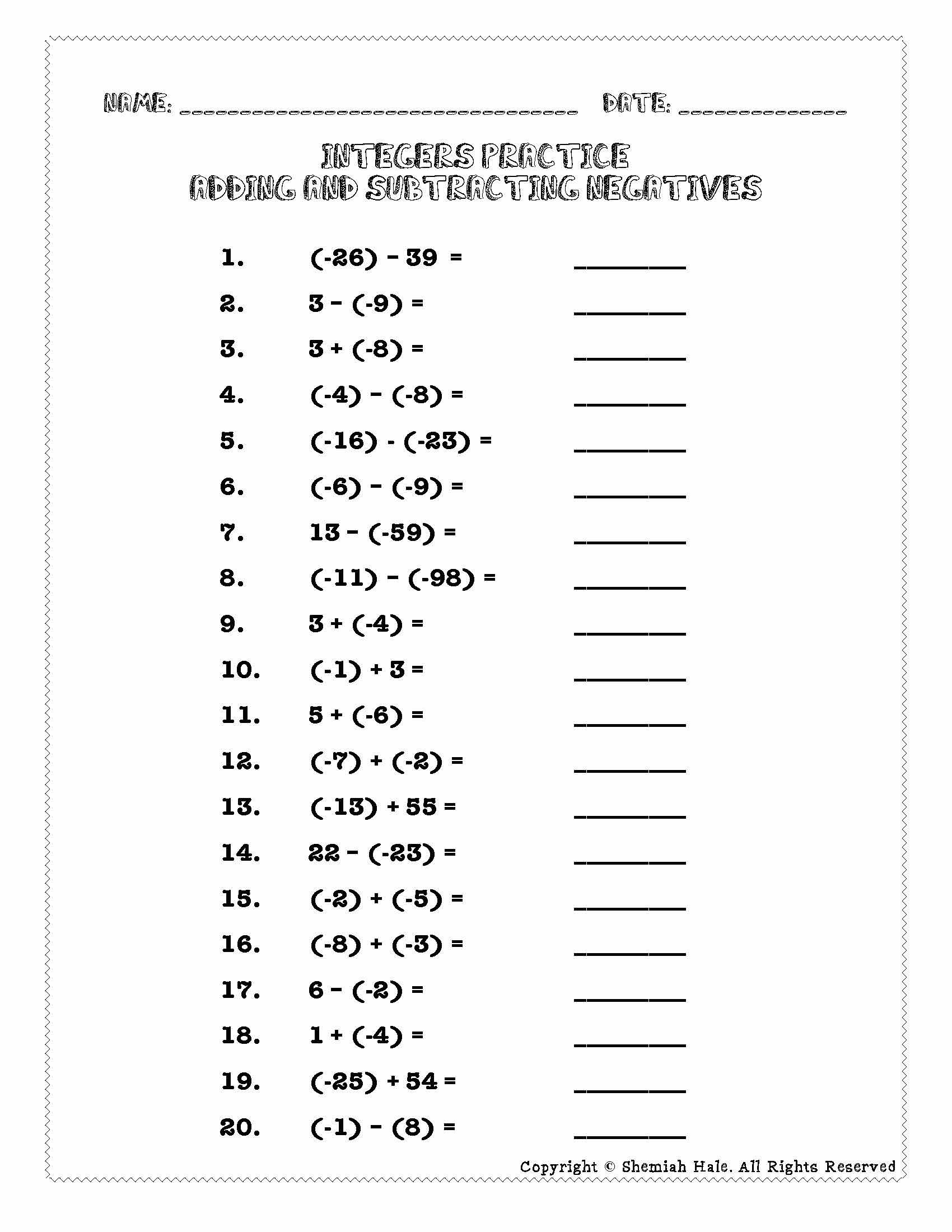 Integer Practice Worksheets