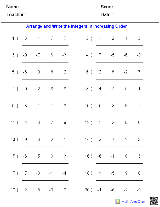 Integers Worksheets Dynamically Created Integers Worksheets