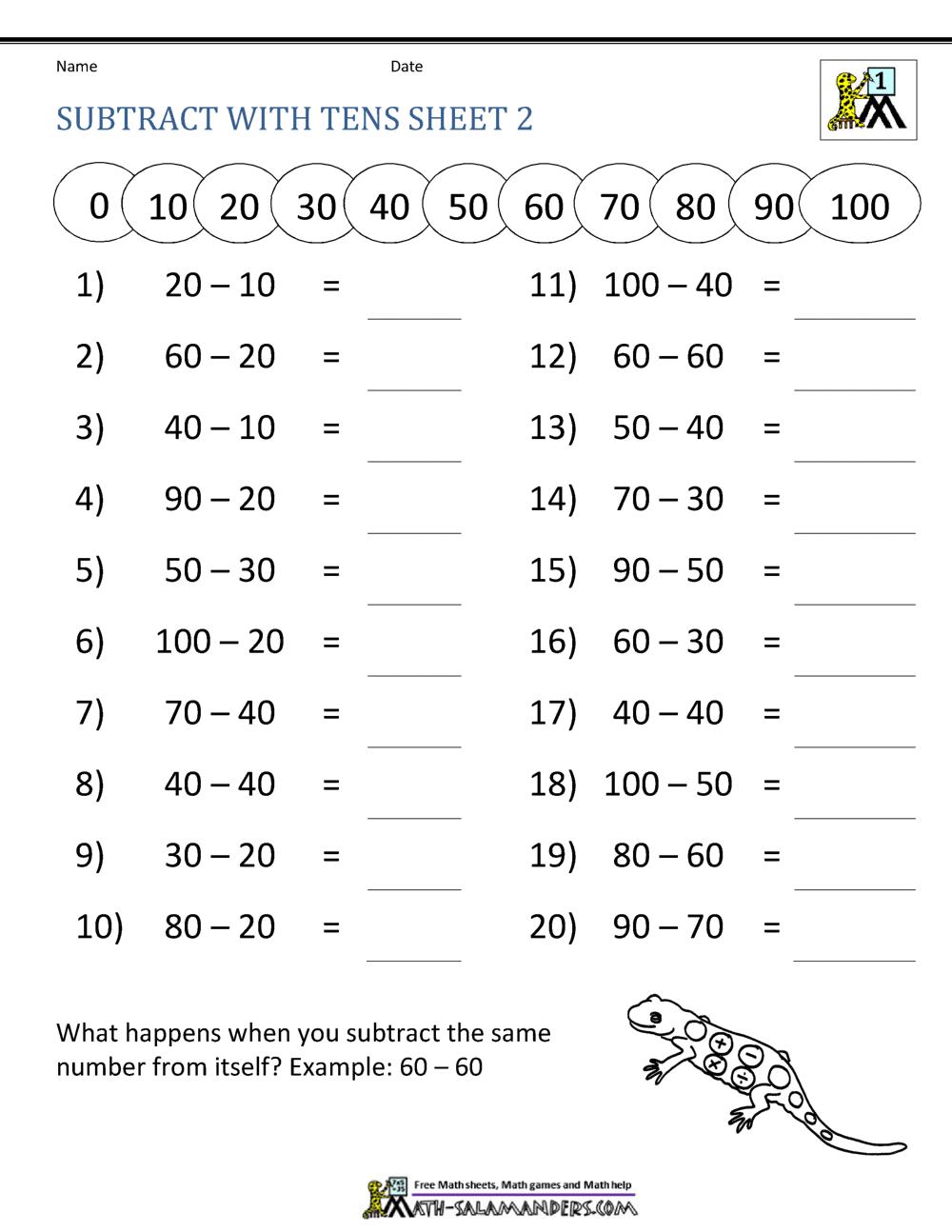 Math Worksheets 2 Digit Subtraction No Regrouping