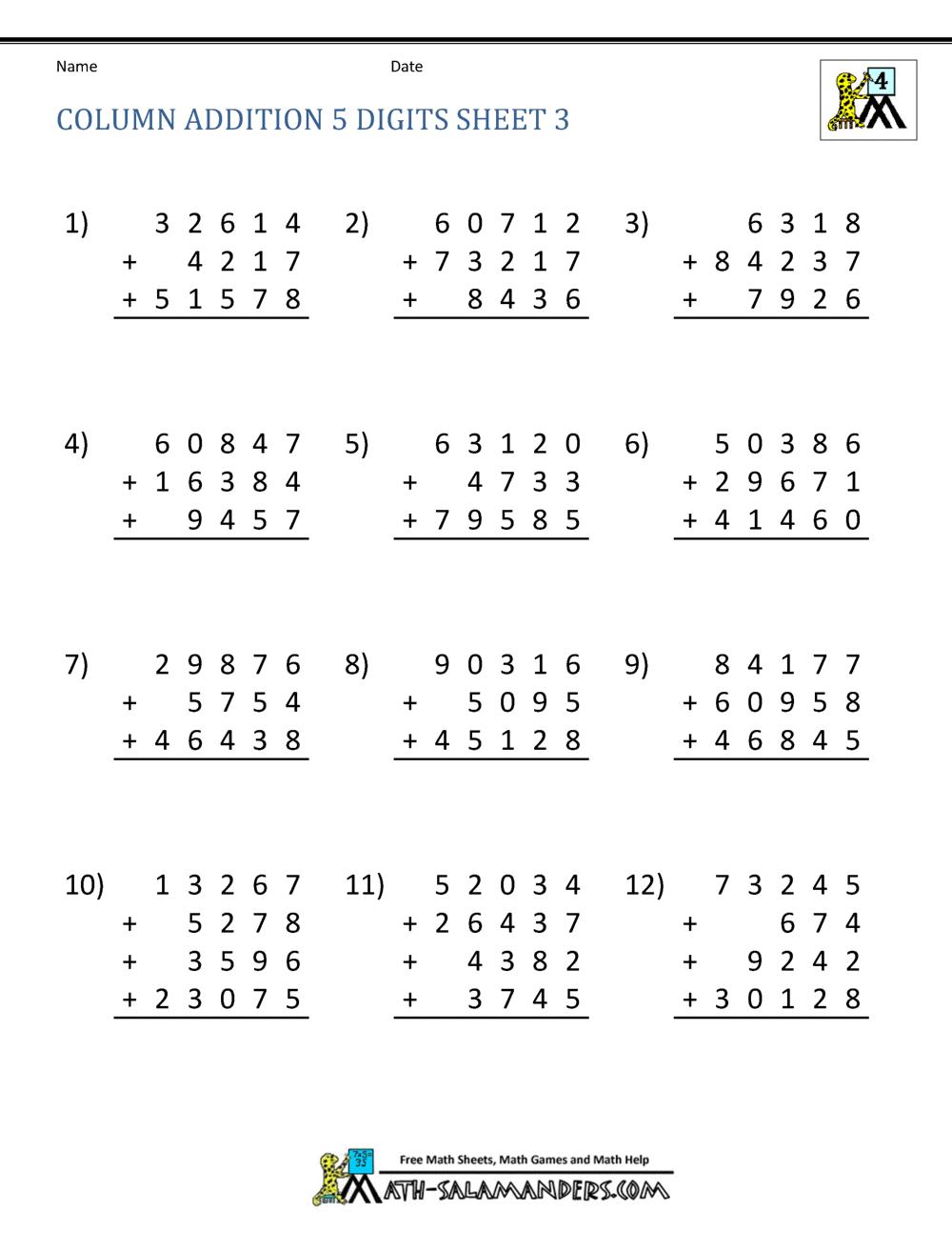 Math Worksheets Addition 3 Digits