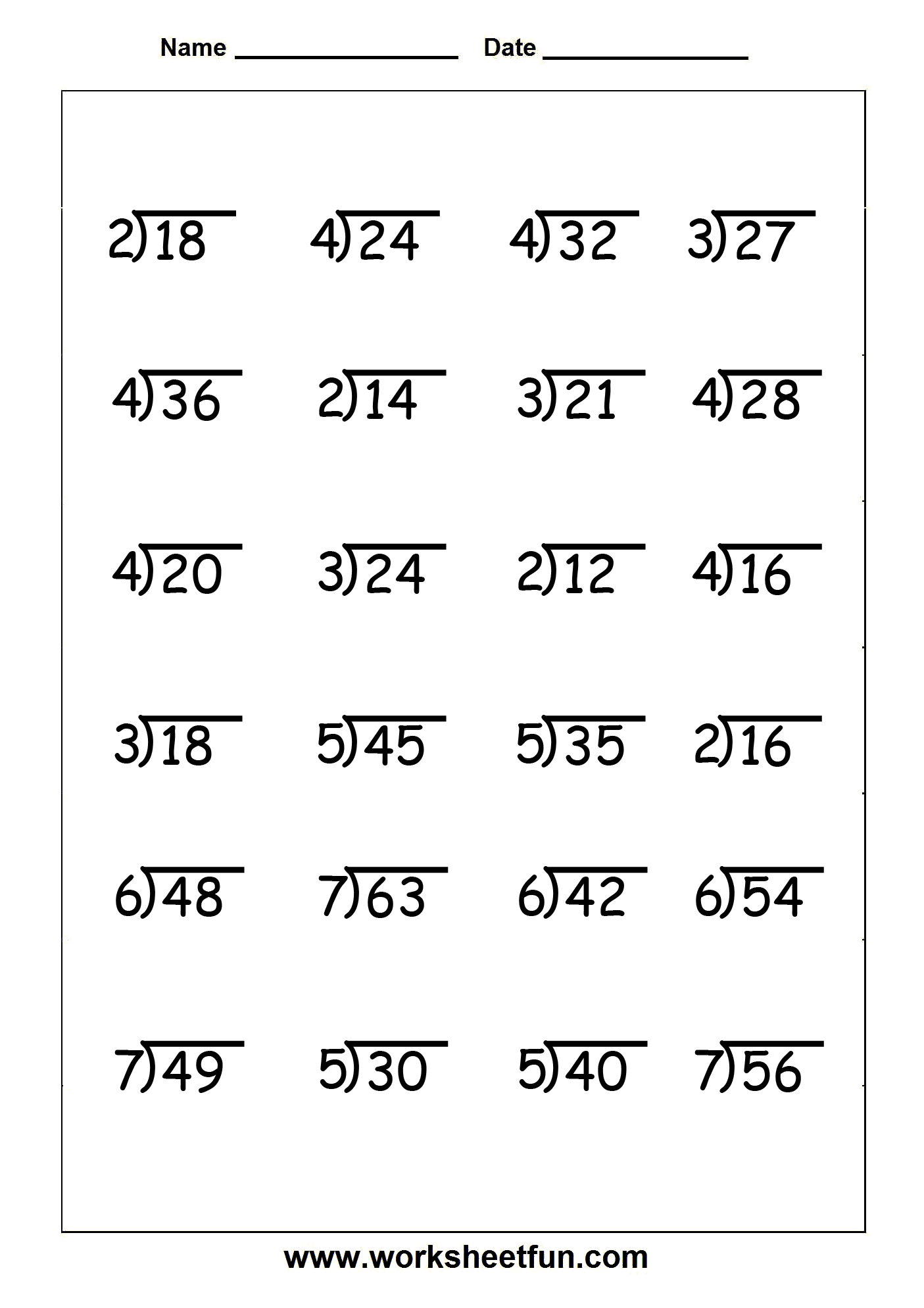 Math Worksheets Division 1 Digit Divisors