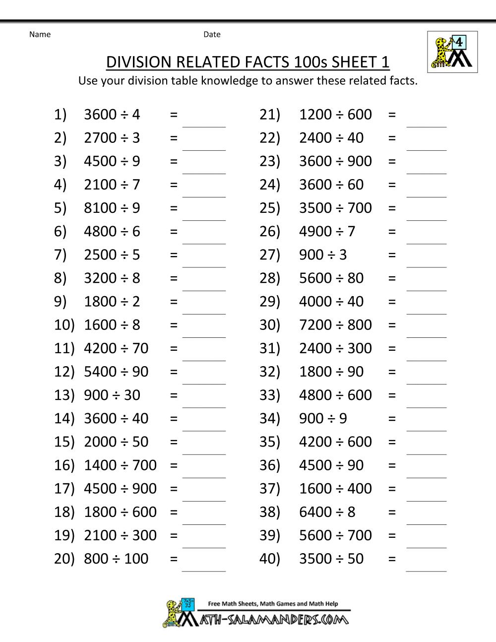 Math Worksheets Division Word Problems