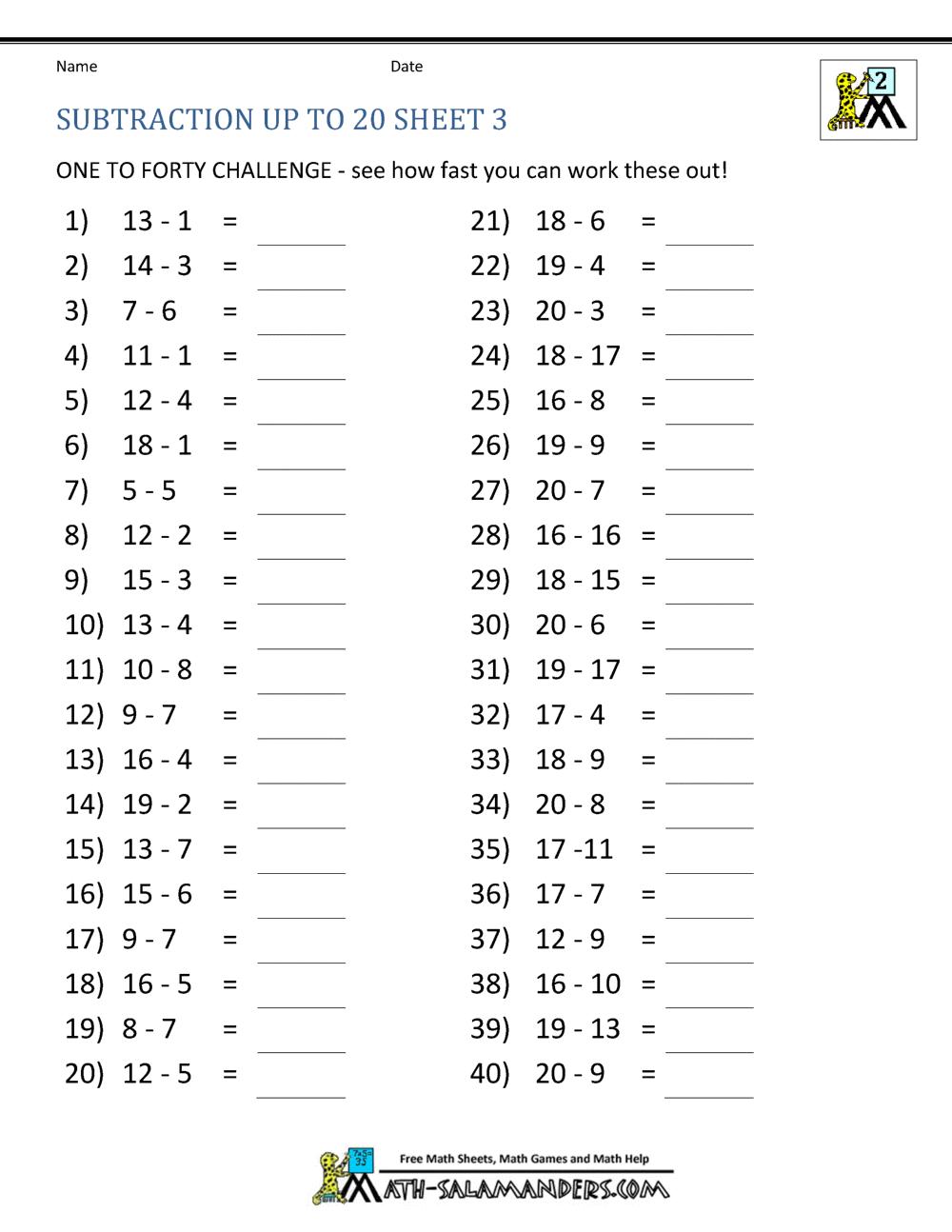 Math Worksheets Double Digit Subtraction Without Regrouping