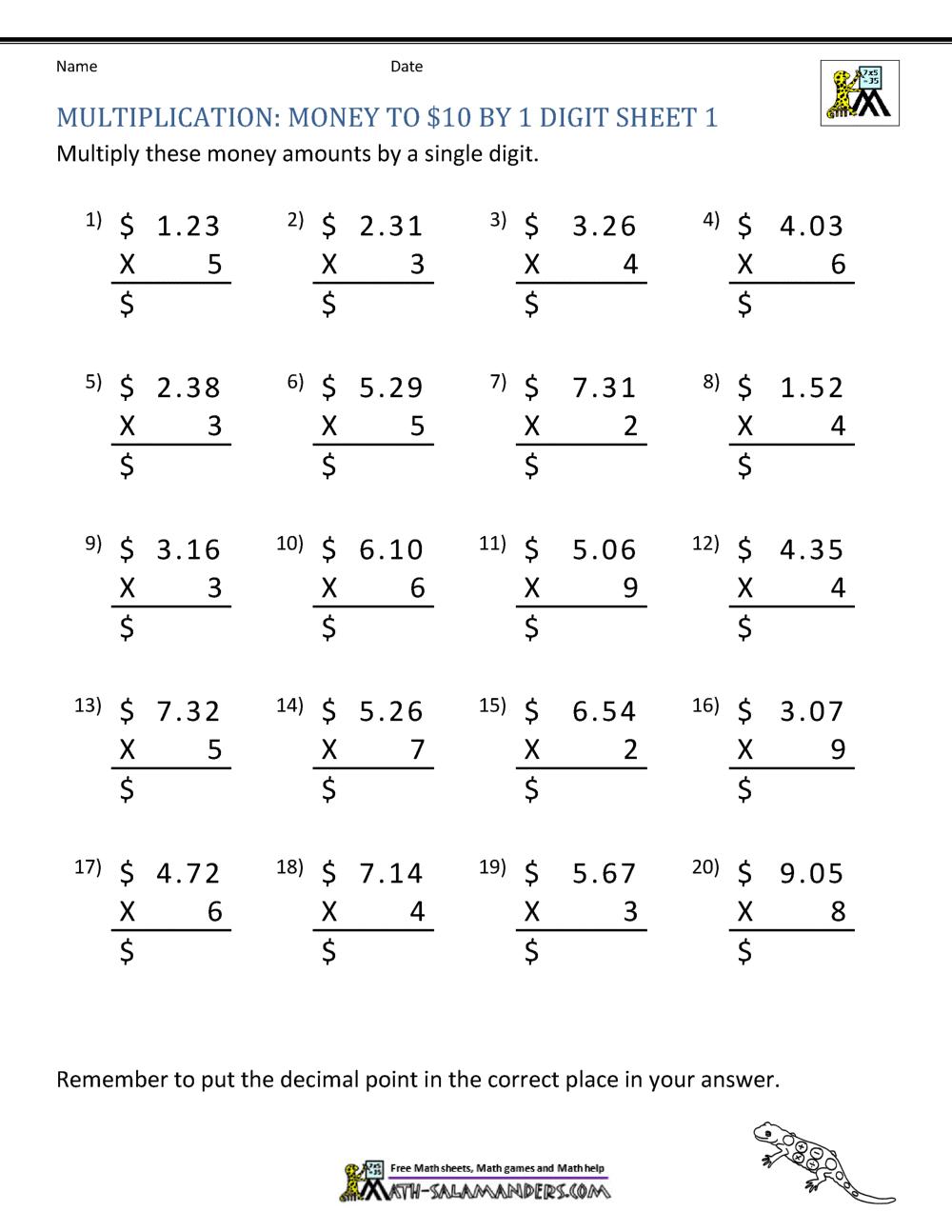 Math Worksheets For 5Th Grade Multiplying Decimals