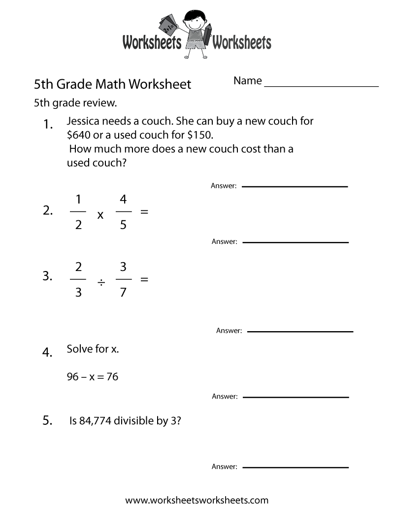 Math Worksheets For 5Th Grade With Answer Key