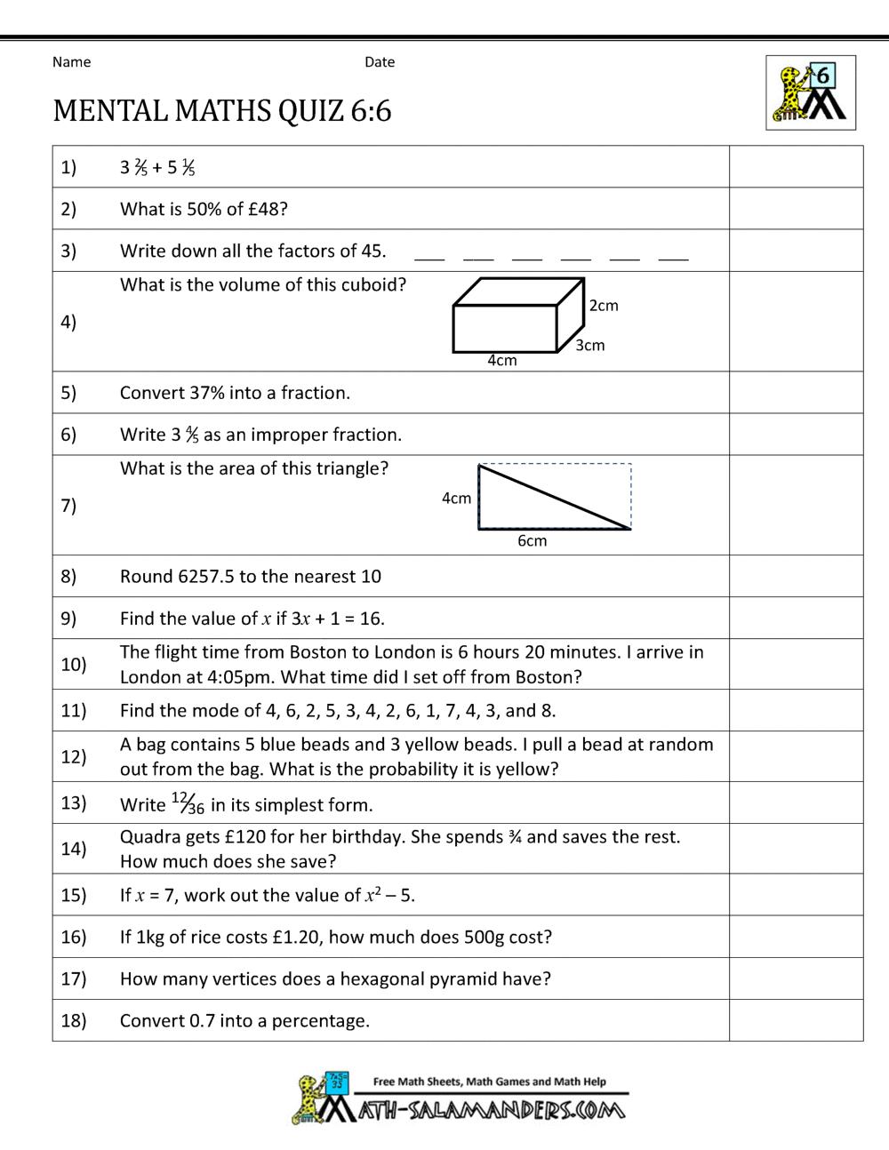 Math Worksheets Grade 6 Canada