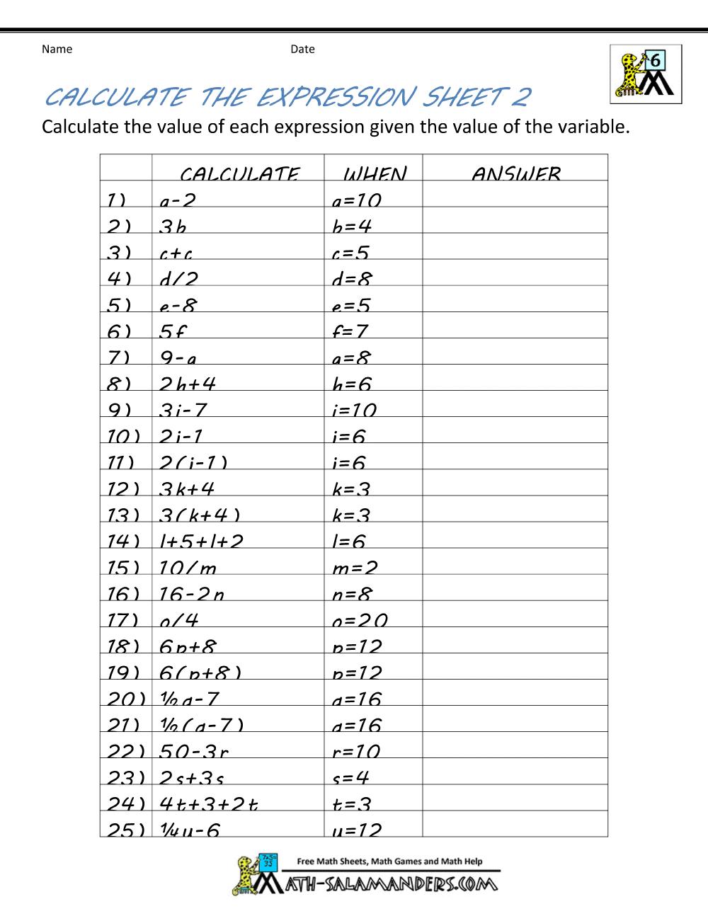 Math Worksheets Grade 6 With Answers