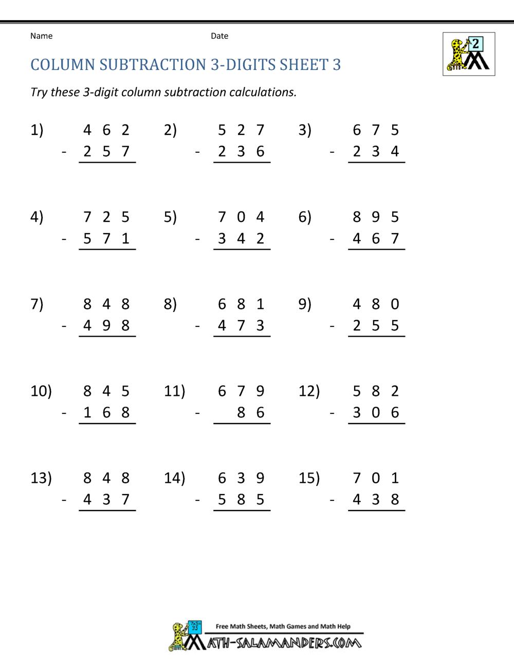 Math Worksheets Subtraction Grade 3