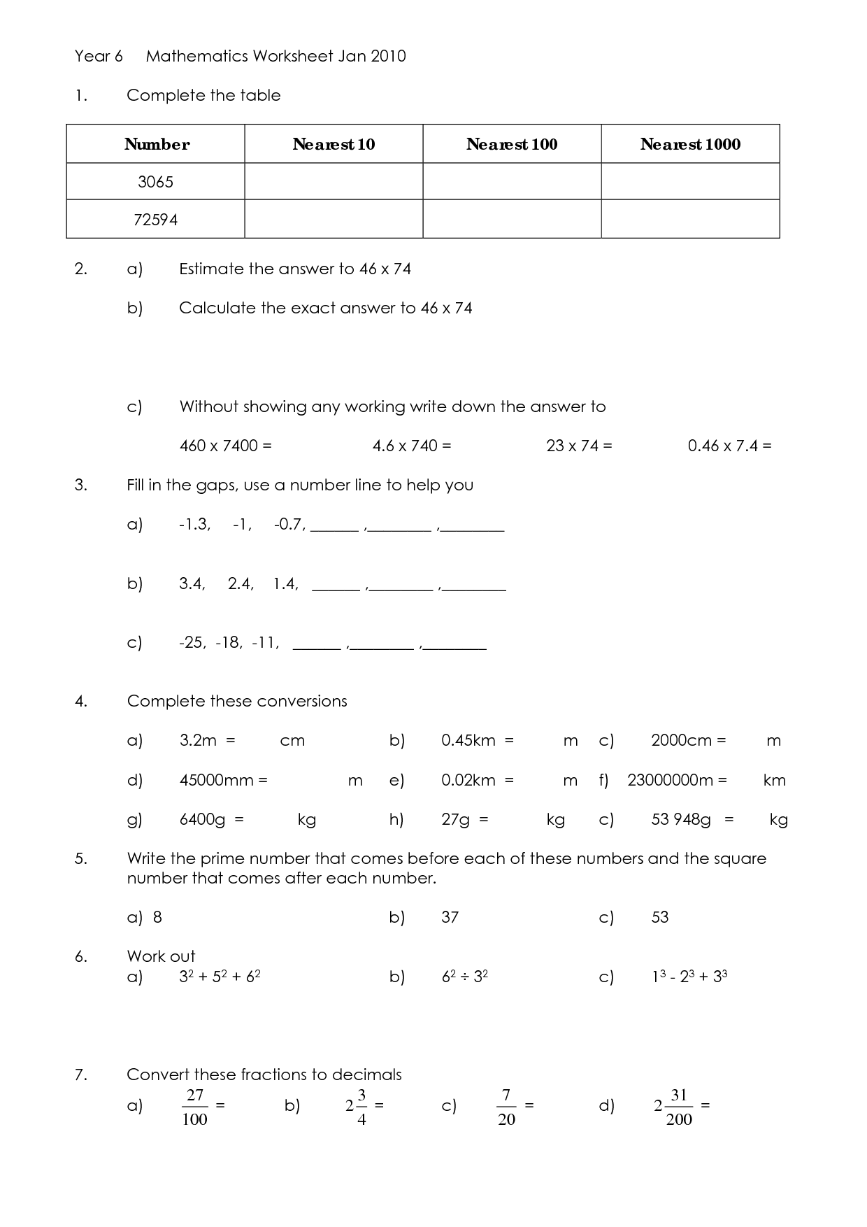 Math Worksheets Year 6 Big And Small