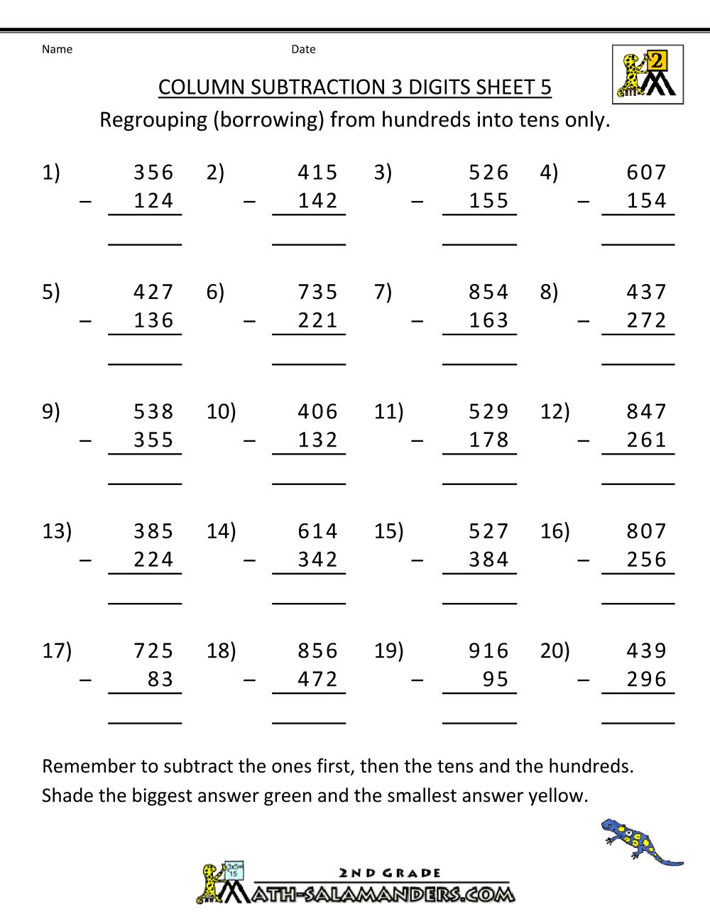 Maths Subtraction Worksheet For Class 2 Pdf