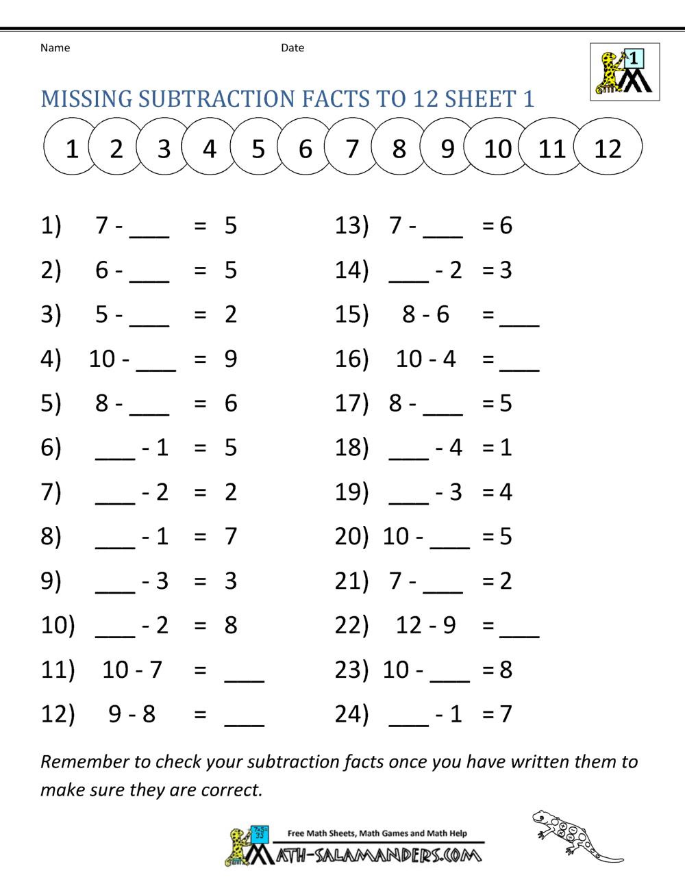 Maths Worksheet Subtraction For Class 1