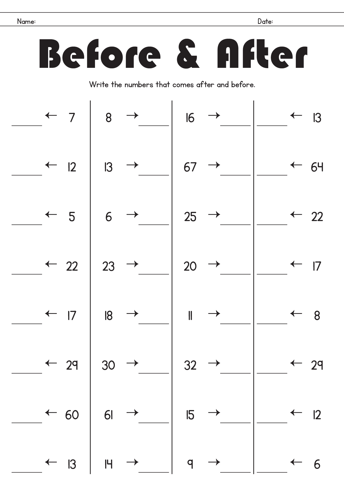 Number Line Before And After Worksheets