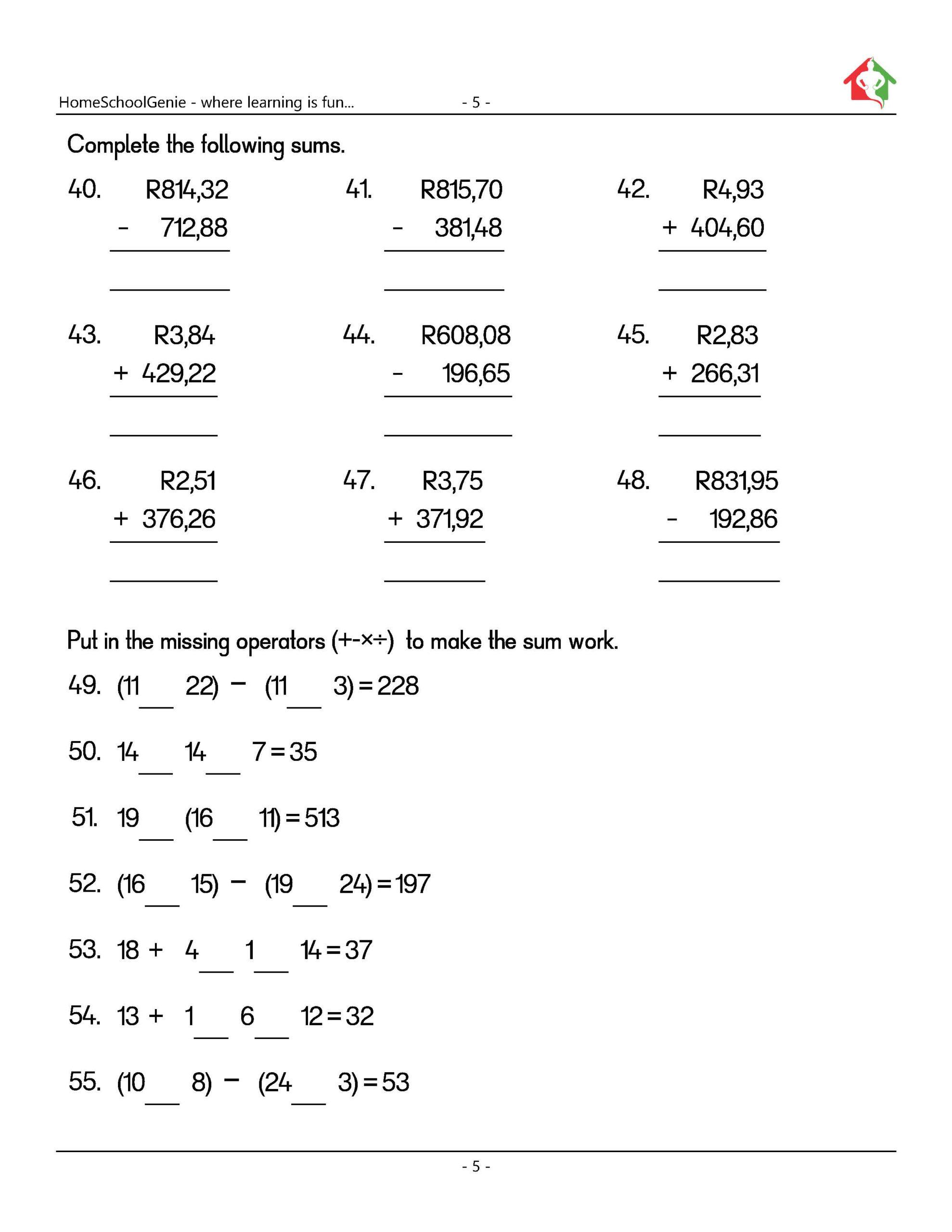 Printable Math Worksheets With Answers