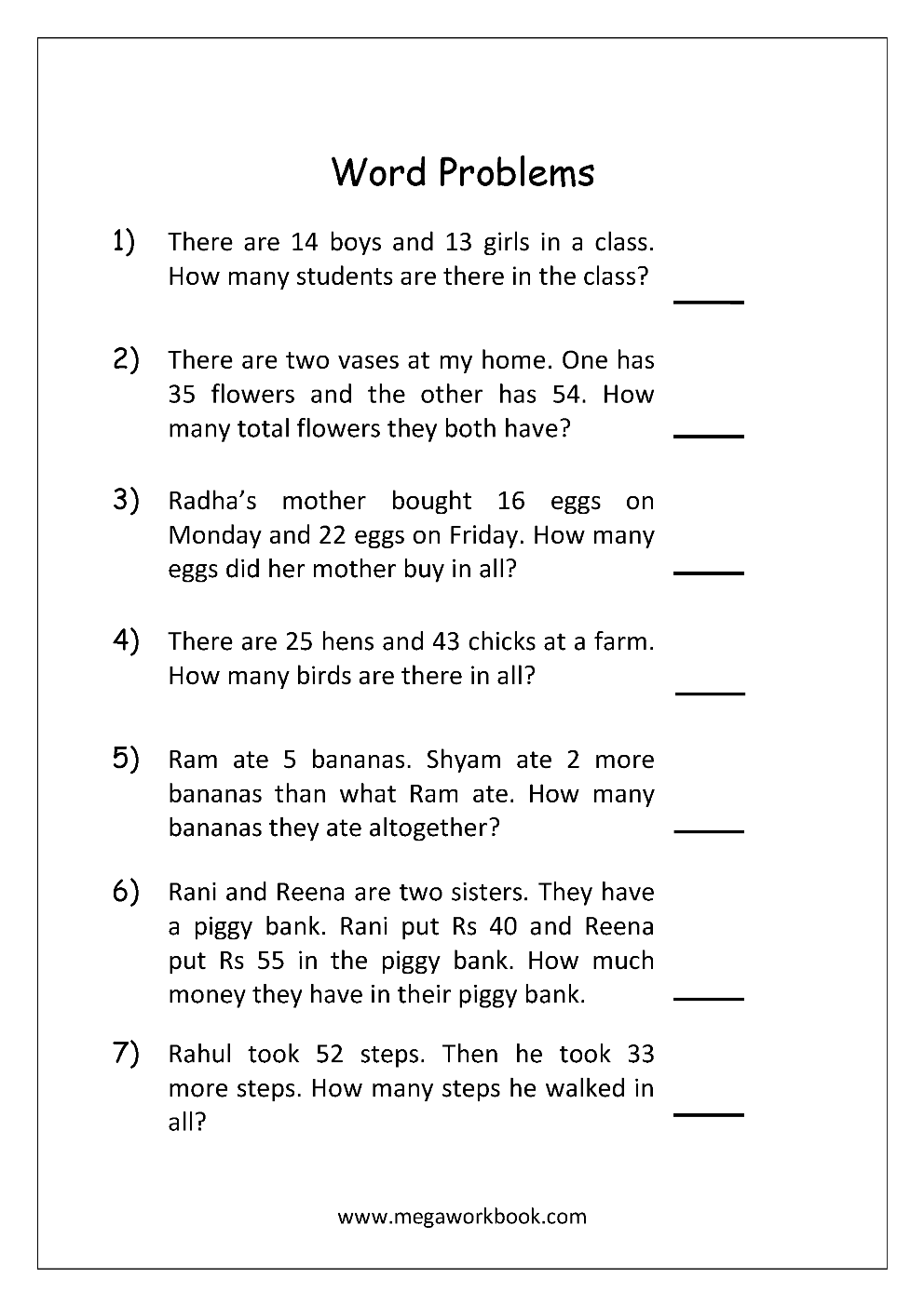 20 Math Worksheets Word Problems Free