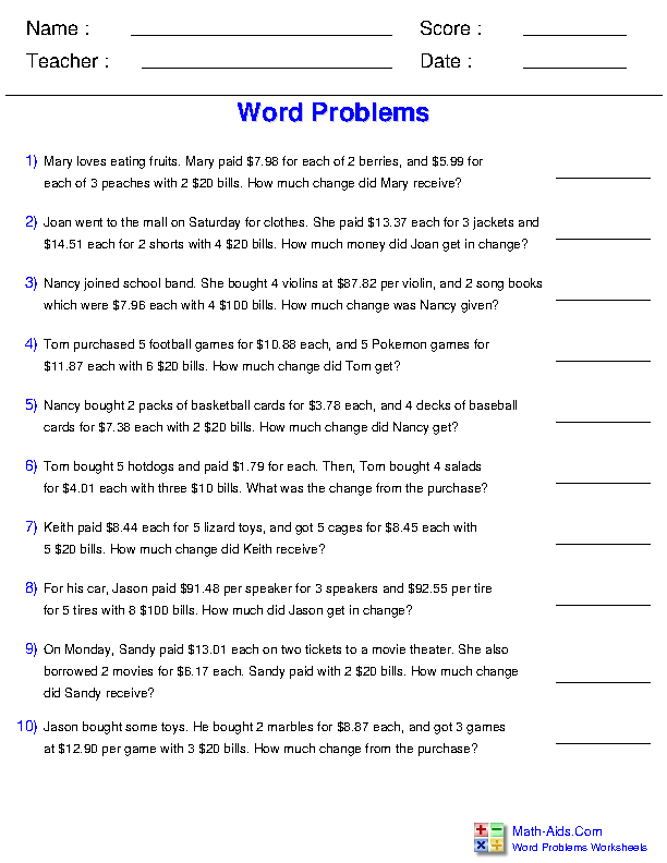 20 Math Worksheets Word Problems Pdf