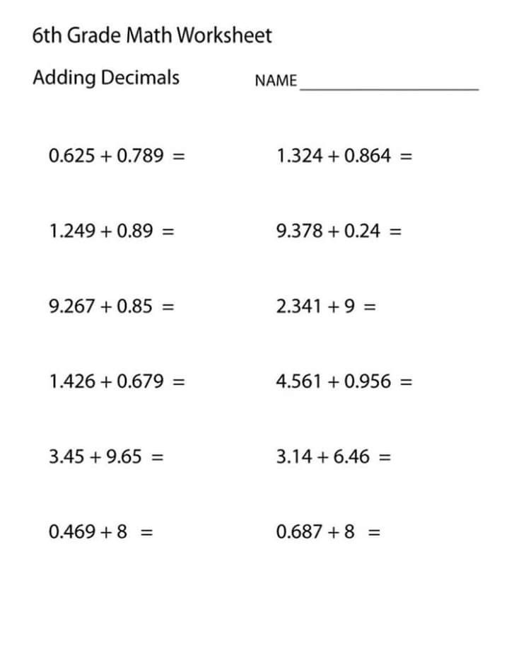 Math Worksheets 6Th Grade Addition