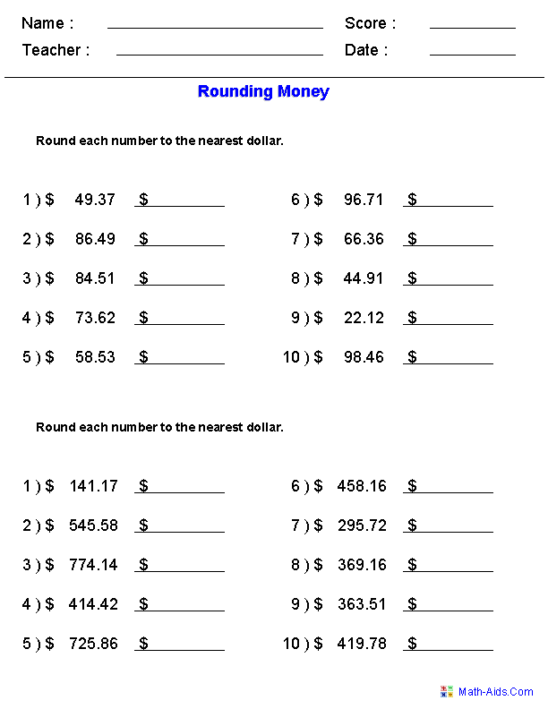 Math Worksheets Round Off Instructions