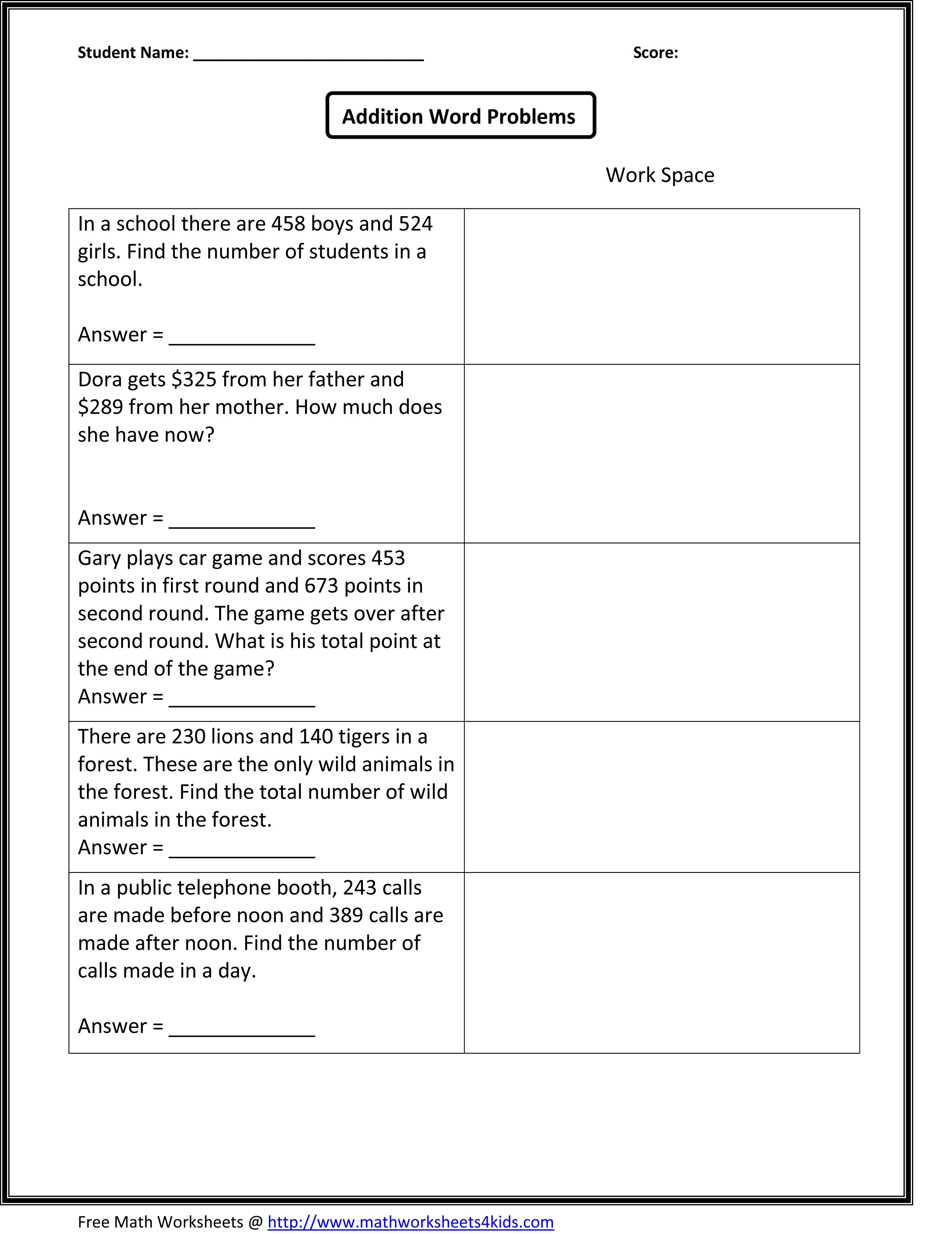 20 Addition Word Problem Worksheets 4Th Grade