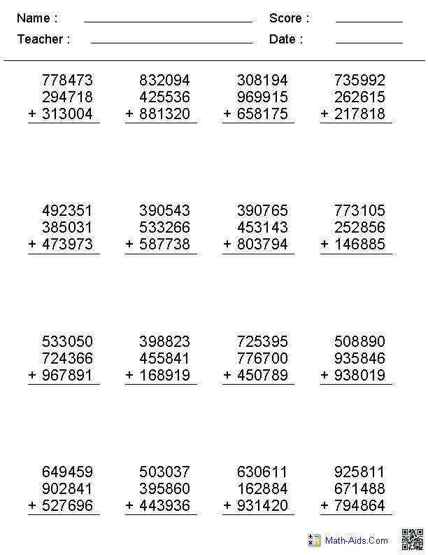 20 Addition Worksheets 6 Digit
