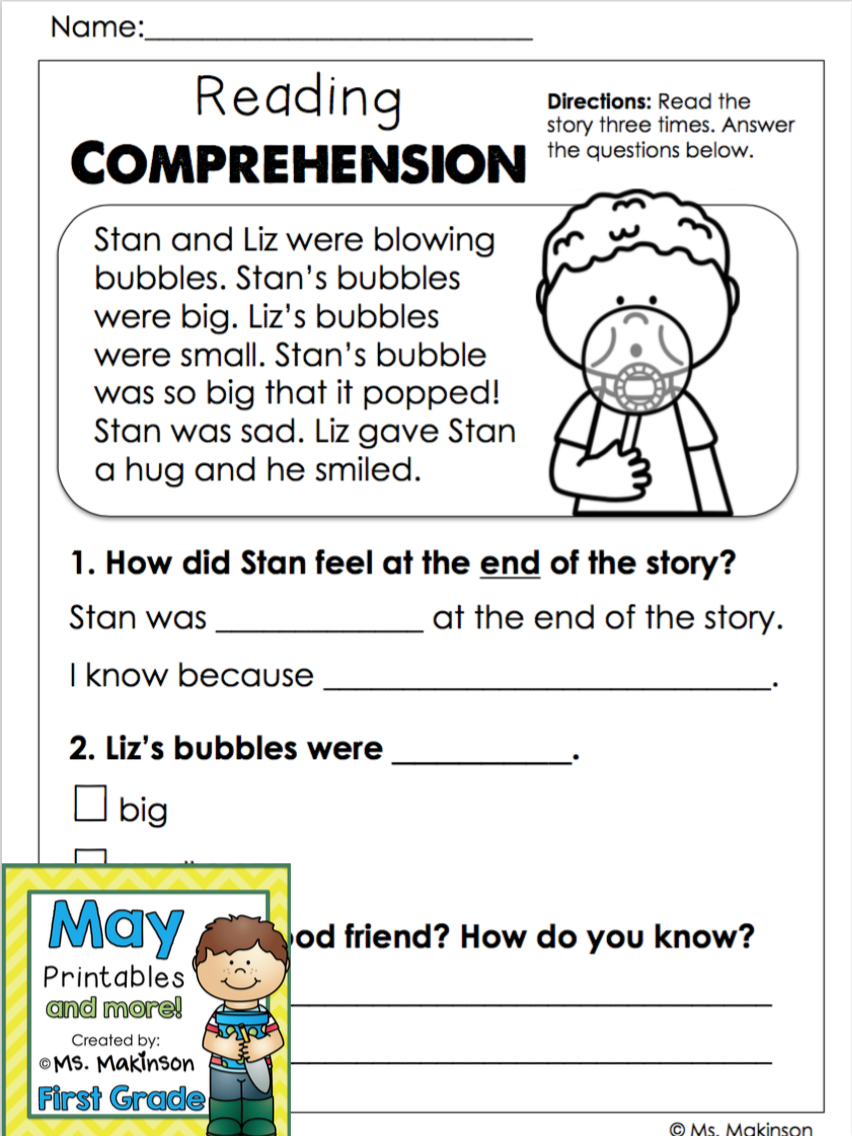 20 Free Reading Comprehension Worksheets 1St Grade