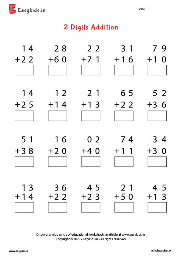 20 Horizontal Addition Worksheets Grade 2