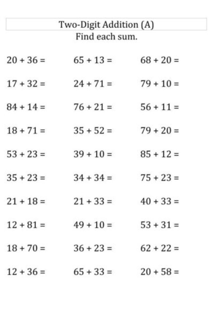 20 Horizontal Addition Worksheets Grade 2