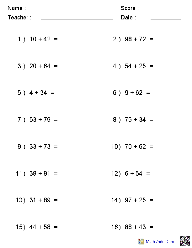 20 Horizontal Addition Worksheets Grade 2