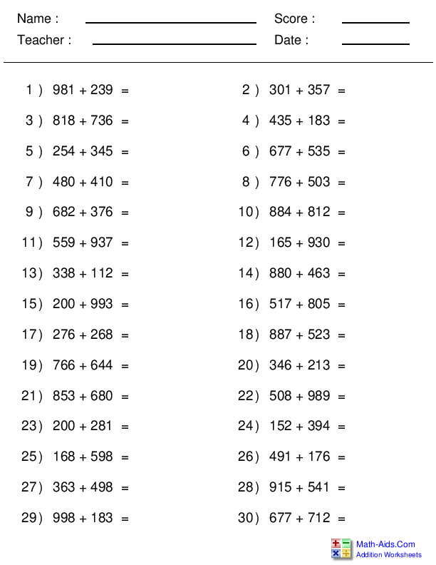 20 Horizontal Addition Worksheets Grade 2