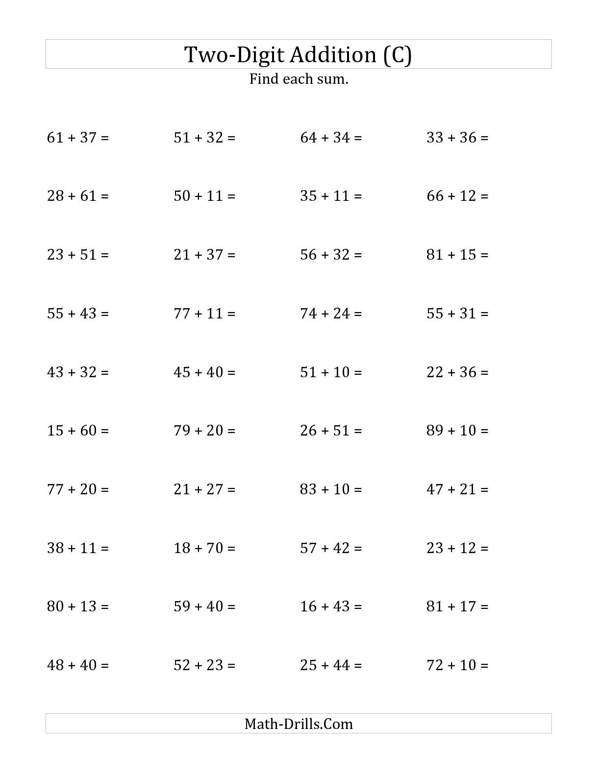 20 Horizontal Addition Worksheets Grade 2