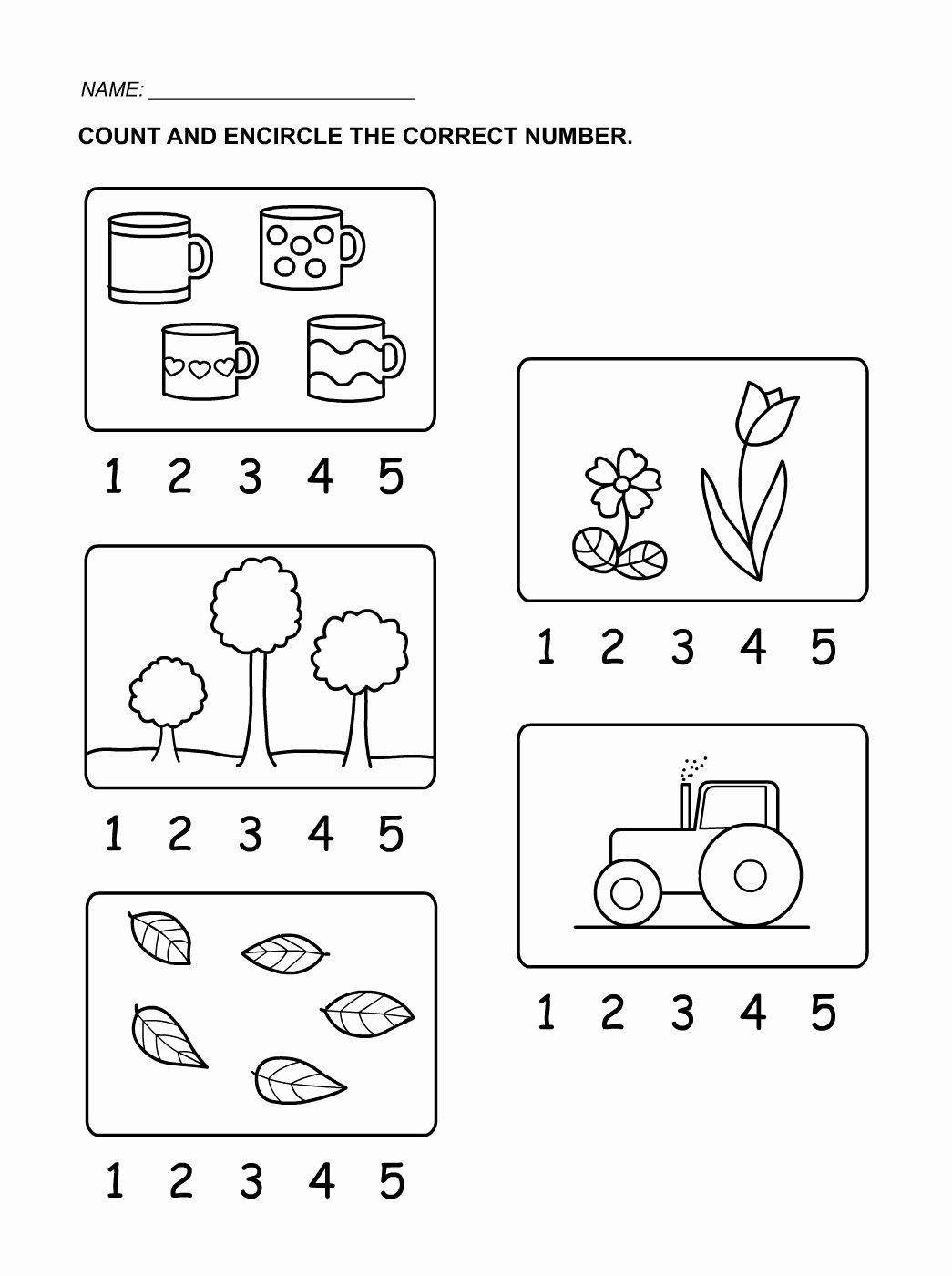 20 Math Kindergarten Worksheets 1-5