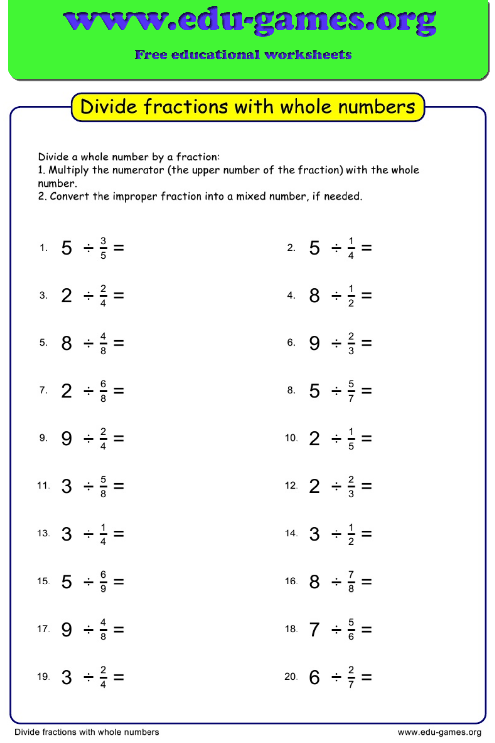 20 Math Worksheets Dividing Fractions