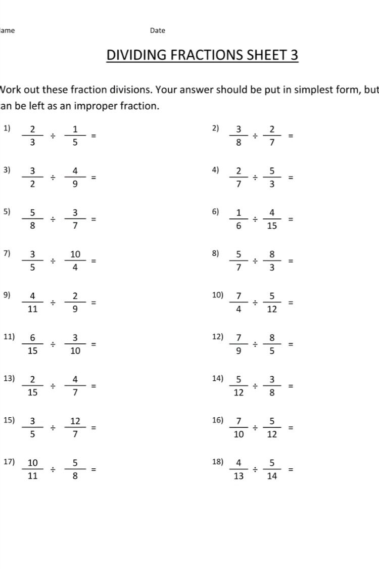 20 Math Worksheets Dividing Fractions