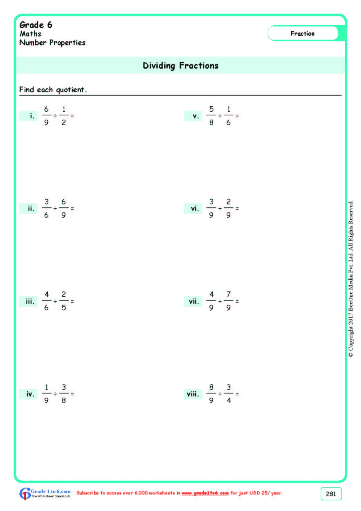 20 Math Worksheets Dividing Fractions