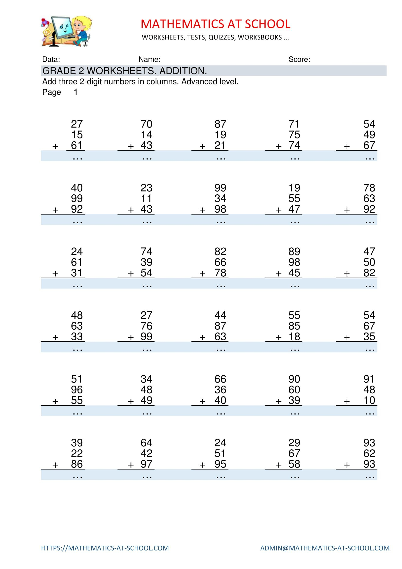 21 Horizontal Addition Worksheets Grade 2