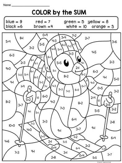 Addition and Subtraction to 10 Worksheets Winter Edition: Color by Number