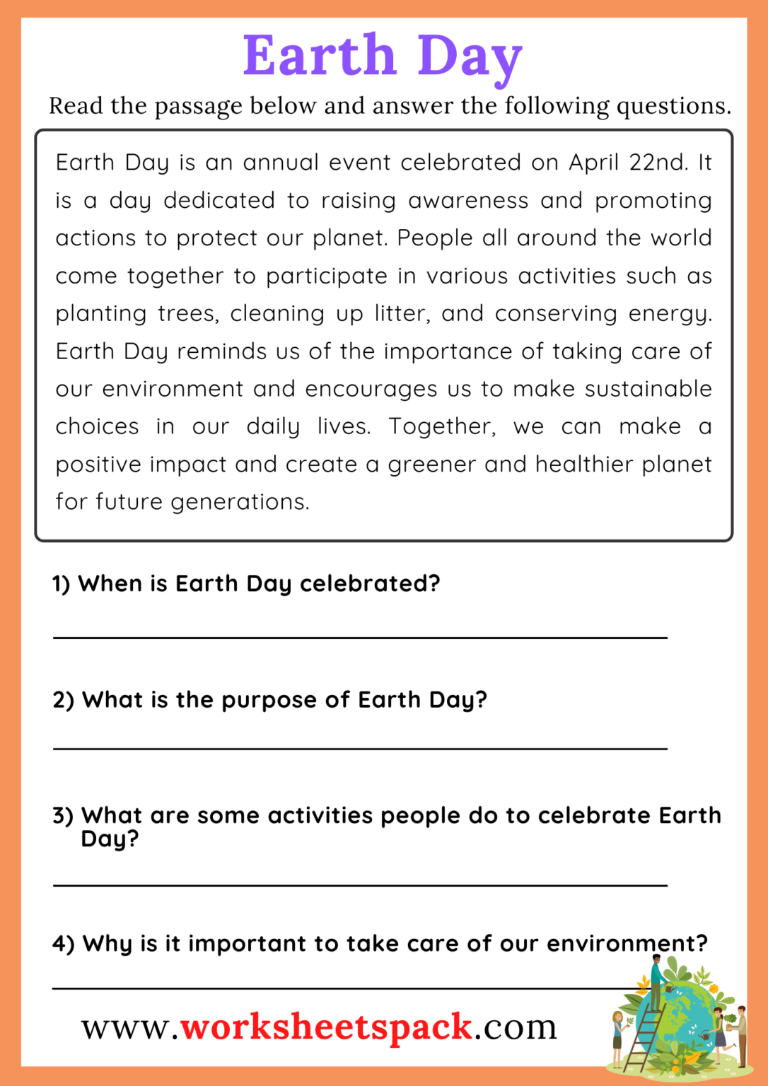 Earth Day Reading Comprehension Passage – worksheetspack