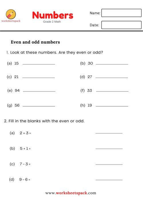 EVEN AND ODD NUMBERS GRADE 2 MATH WORKSHEET - worksheetspack