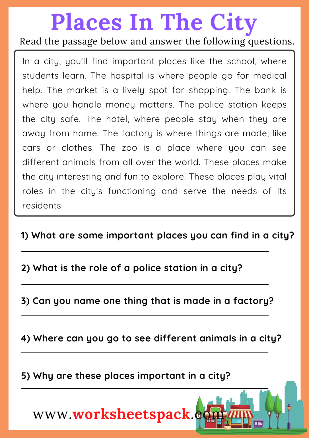 Places In Town Reading Comprehension Passage – worksheetspack