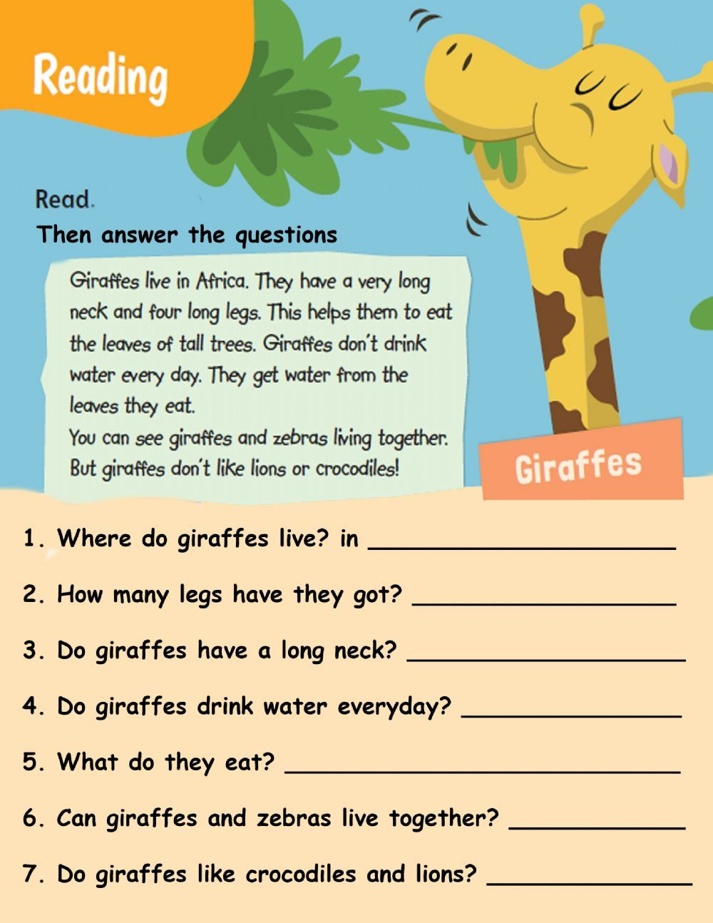 Reading about giraffes worksheet