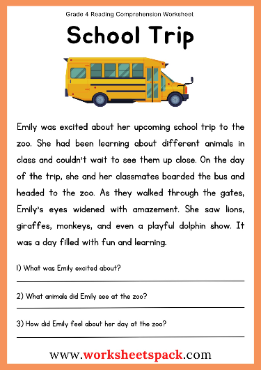 School Trip – Fourth Graders Reading Comprehension Passage Worksheet