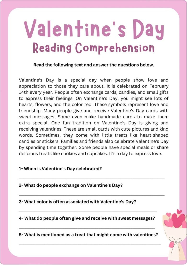 Valentine’s Day Reading Comprehension English Worksheet