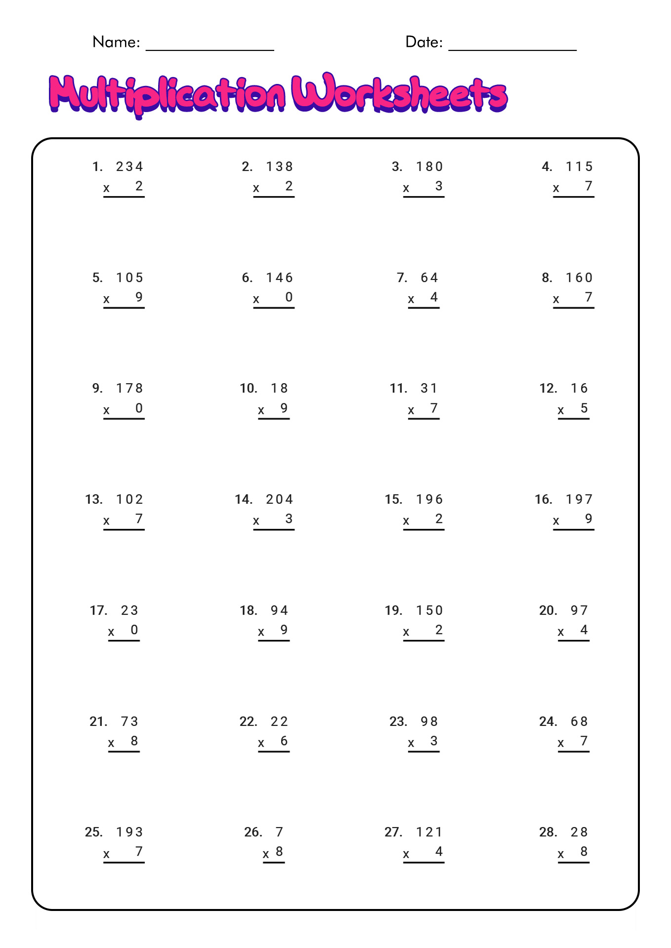 20 4th grade math worksheets